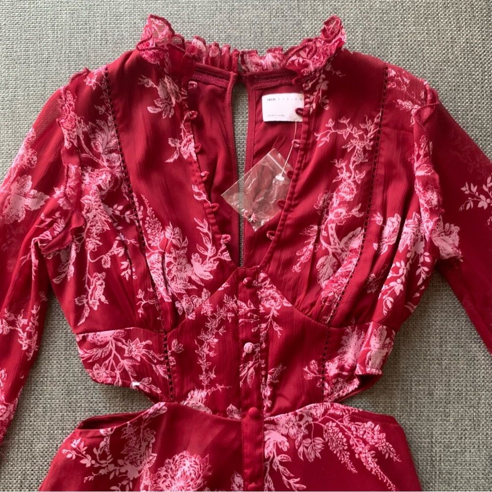 ASOS DESIGN Ruffle Detail Mini Dress with Button Detail in Red Floral Print - Picture 5 of 6